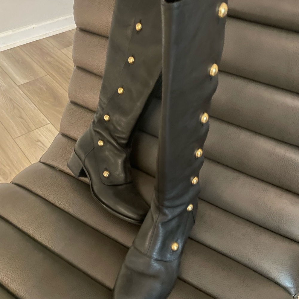 Michael Kors Black Leather Heeled Boots with Gold Accents - Picture 3 of 3